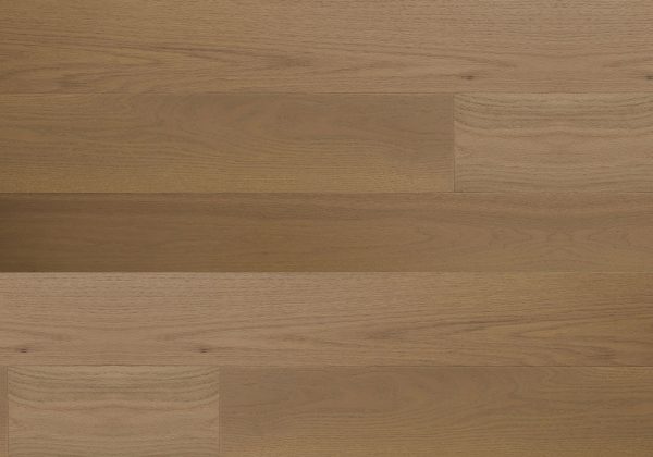 Close-up view of Amara Canyon Creek Premium American Oak flooring by showcasing natural wood grain, brushed matte finish, and micro-bevel detailing