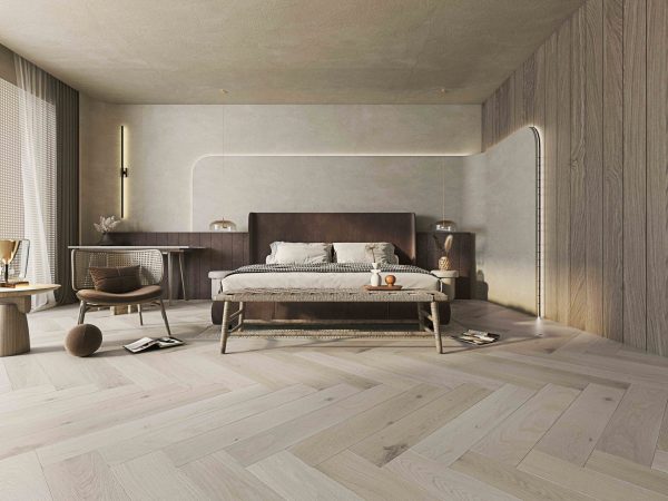 Modern living room featuring Fontaine white smoke Premium Oak Flooring
